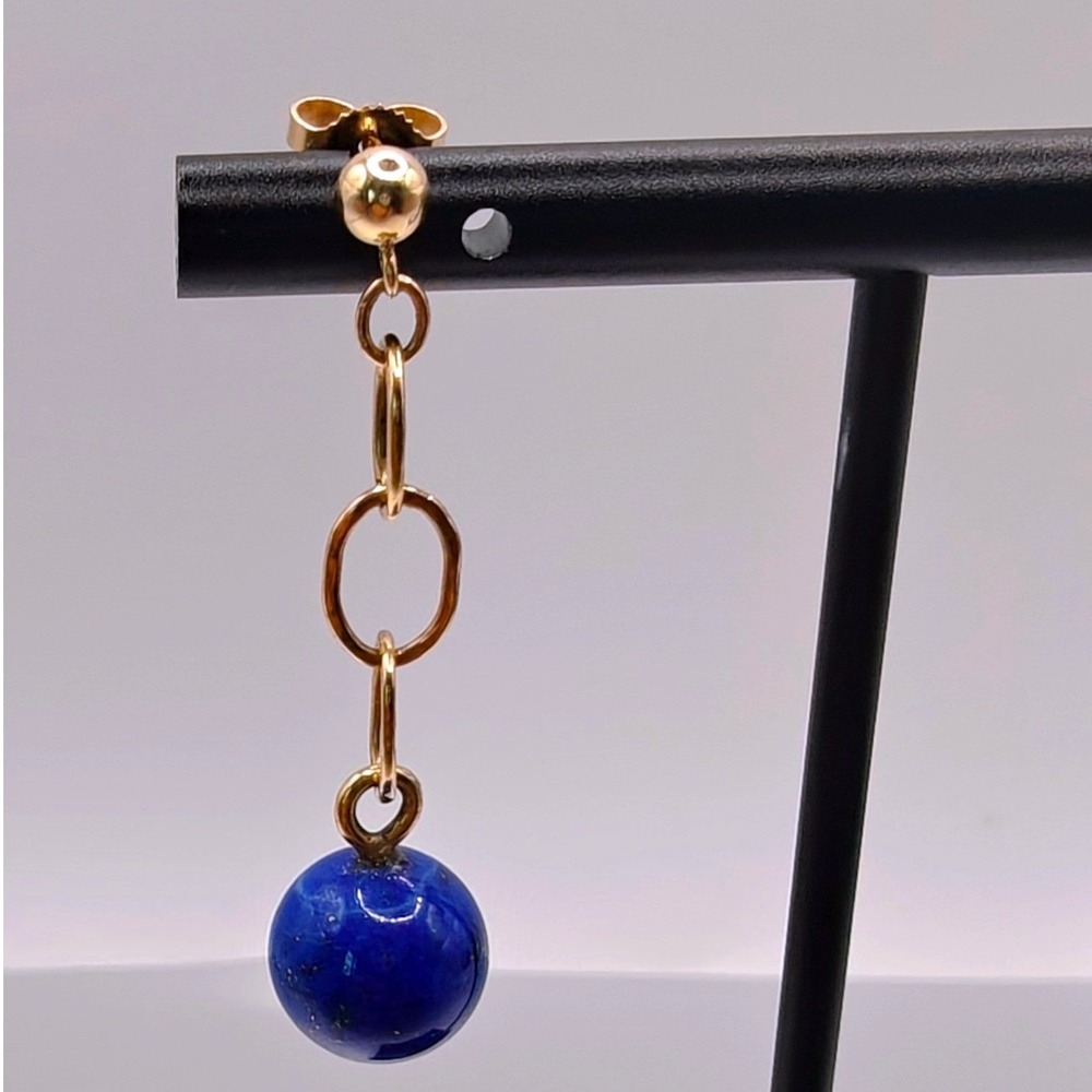 Lapis Lazuli Gold Tone Link Drop Earrings Blue Stone Dangle Post Backs 14k - Picture 4 of 5